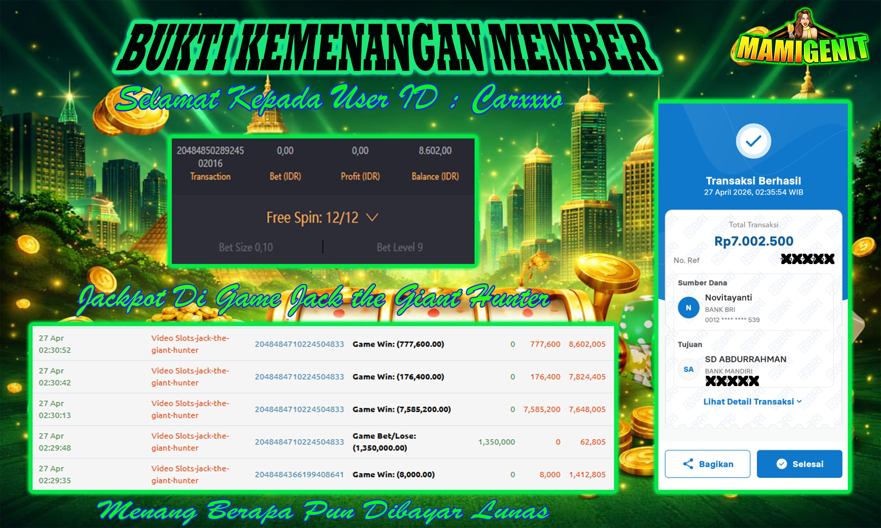 MAMIGENIT - JACKPOT DI SEBESAR RP.7,000,000,- DI GAME JACK THE GIANT HUNTER